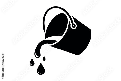 A black silhouette of a bucket spilling its contents as liquid drops
