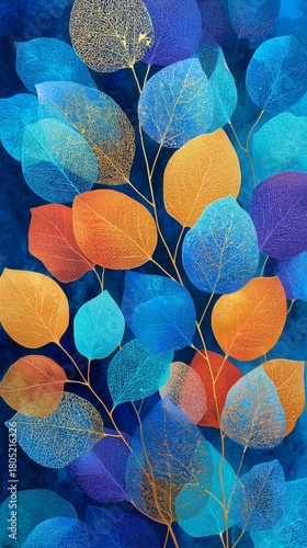 Colorful Leaves Background With Vibrant Blue and Orange Hues in Artistic Arra...