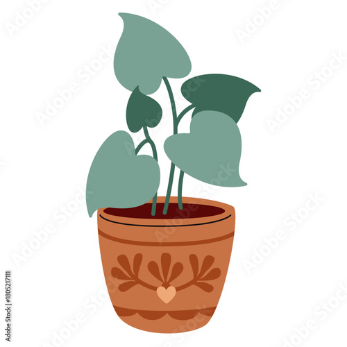 House plant in a decorative terracotta pot with geometric ornaments. Illustration for home decor, indoor gardening, botanical prints, stickers, eco lifestyle materials.