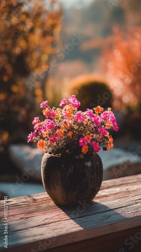 Beautiful Pink and Orange Flowers in a Rustic Pot Against a Vibrant Autumn Ba...