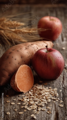 Sweet Potato and Apples Arranged With Grains on Rustic Wooden Surface in Natu...