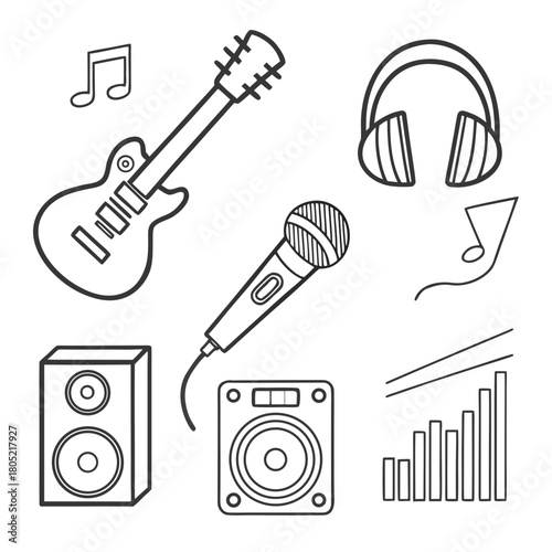 Outline drawing featuring a guitar microphone headphones speakers music notes and equalizer bars in black and white created with generated ai