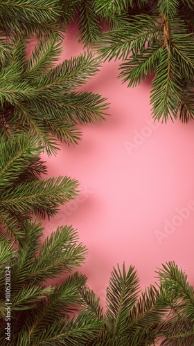 Green Pine Branches Frame a Pink Background, Perfect for Holiday Decorations ...