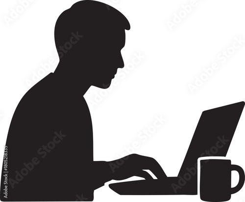 Remote worker laptop coffee mug silhouette vector
