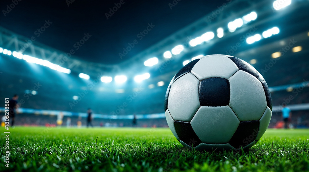 Naklejka premium Classic football on grass at stadium, vibrant match-day scene