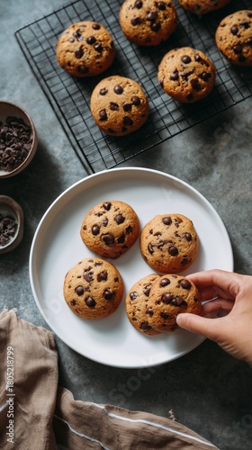 Freshly Baked Chocolate Chip Cookies on a Plate With Additional Cookies Cooli...