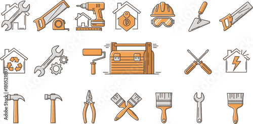 Home repair tools and equipment vector icons set for diy renovation and construction projects design