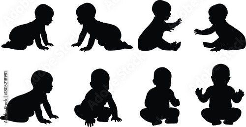 Baby silhouette vector set of crawling and standing infants in various poses black and white design
