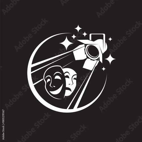 icon of comedy and tragedy theatrical masks with spotlight isolated on black background
