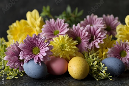 Colorful Easter Eggs Arranged Among Vibrant Spring Flowers for Festive Decor