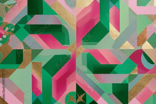 Abstract Geometric Art Blending Pink and Green Colors With Gold Accents in Mo...