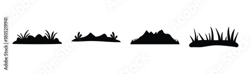 Various landscape elements icon set featuring hills and grass.