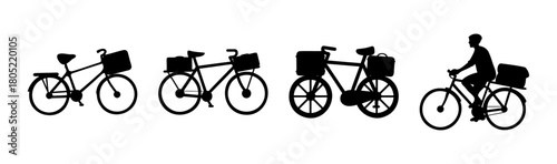 Bicycle silhouettes with baskets and a rider for delivery