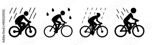 Cyclist riding in rain pictogram icon set, bicycle weather
