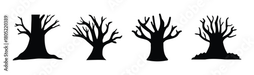 Four bare tree silhouettes, stark black shapes on a pure white