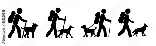 Hiking with dogs silhouette icon set for outdoor adventure