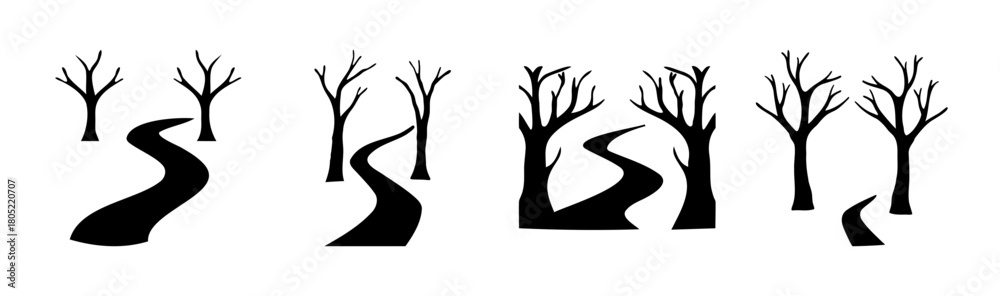 Obraz premium Bare trees and winding paths silhouettes minimal vector art