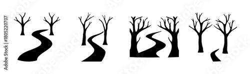 Bare trees and winding paths silhouettes minimal vector art