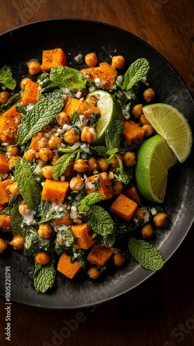 Colorful Salad With Roasted Butternut Squash, Chickpeas, and Fresh Herbs on a...