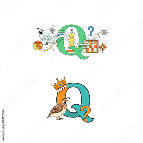 Playful Alphabet Q Designs with Quail, Crowns and Questions: Whimsical Learning Fun for Kids, Educational Games, and Creative Typography Projects
