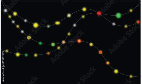 Vibrant glowing dots on abstract wavy lines, festive illumination