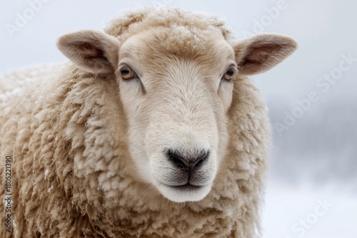 Snowy Landscape Reveals a Close-Up of a Fluffy Sheep in Winter Mist