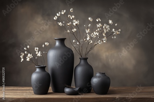 Decorative Black Vases With White Flowers Arranged on Wooden Table in a Simpl...
