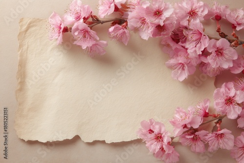 Cherry Blossom Branch With Delicate Pink Flowers and Blank Vintage Paper on S...
