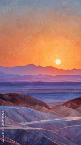 Vibrant Sunset Over Layered Mountains in a Serene Desert Landscape