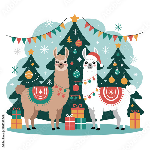 Festive llamas in Santa hats celebrate Christmas with decorated trees and gifts