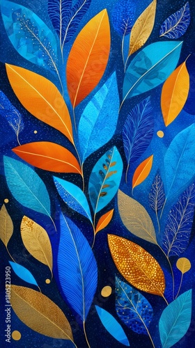 Colorful Leaves in Shades of Blue, Orange, and Gold on a Dark Background Crea...