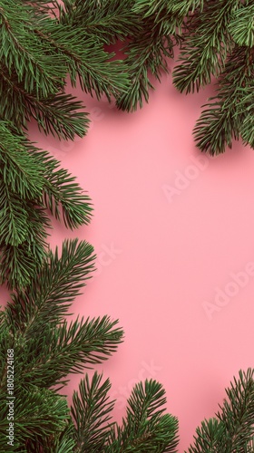 Green Pine Branches Framing a Pink Background for Festive Decorations and Cel...