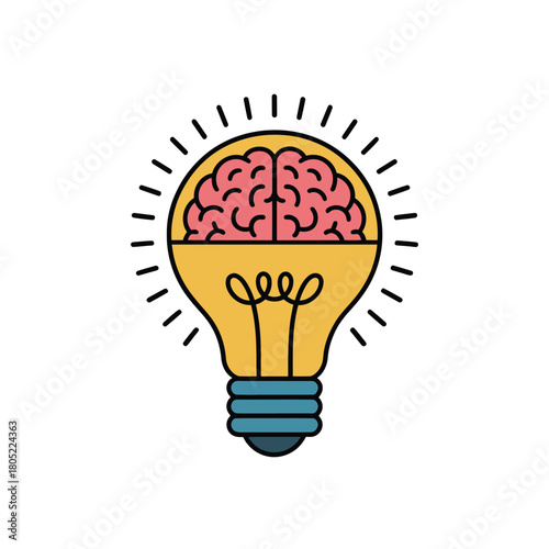 Bright idea symbolized by a lightbulb containing a human brain, radiating energy.