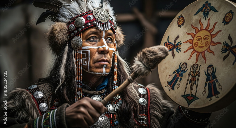 Fototapeta premium Man ethnic shaman in traditional costume with painted face holding a ceremonial tambourine, performing an ancient spiritual ritual for cultural event.