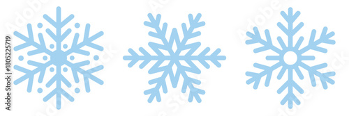 Set of cute symmetric blue snowflakes isolated on a transparent background. Cartoon decorative elements. Editable stroke. Ideal for Christmas, New Year, and winter designs. PNG and vector illustration