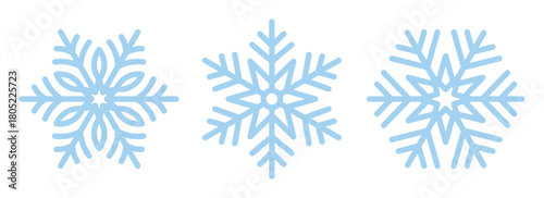 Beautiful blue snowflakes set isolated on a transparent background. Editable stroke. Accurate symmetric winter decoration. Merry Christmas and Happy New Year. Cartoon vector illustration