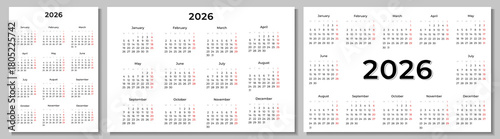 Set of 2026 annual calendar design templates. Week Starts on MONDAY. Clean and minimalistic design, includes clear typography and organized layout. Ideal for business, printing, or personal use. EPS