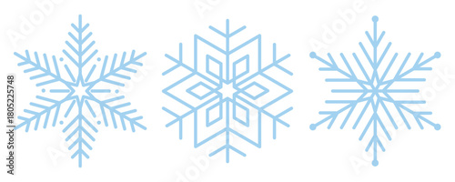 Winter set of graceful blue snowflakes isolated on a transparent background. Various ice crystal elements. Editable stroke. Best for Winter, Christmas, and New Year projects. Vector illustration