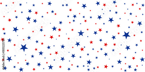 Blue and red stars scattered on a transparent background. Festive banner for US Independence Day, July 4th, Memorial Day, and other national holidays in the USA. Vector illustration