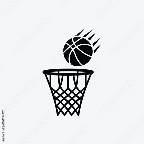 Basketball hoop and ball swoosh vector icon on white background