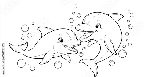 Cartoon dolphins swimming with bubbles, cheerful sea animals, black and white illustration, playful ocean scene, underwater friends, coloring page