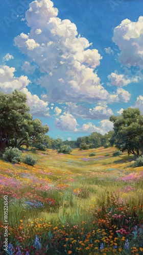 Vibrant Landscape Filled With Wildflowers Under a Bright Blue Sky and Fluffy ...