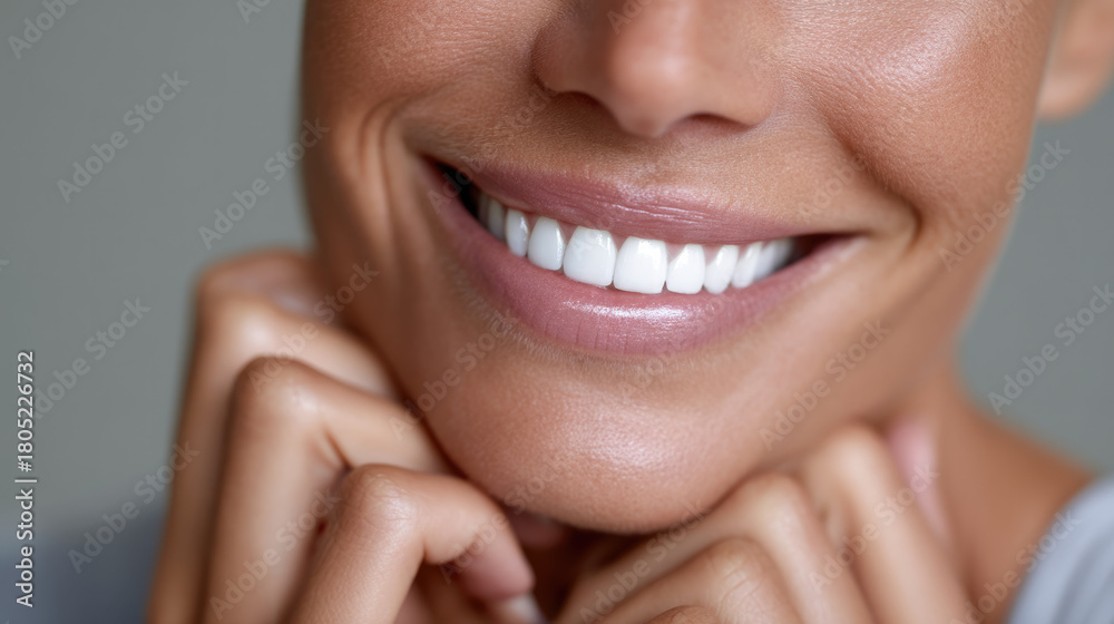 Obraz premium Smiling woman face closeup, white teeth, healthy skin, natural beauty, happiness, hands near chin, positive emotion