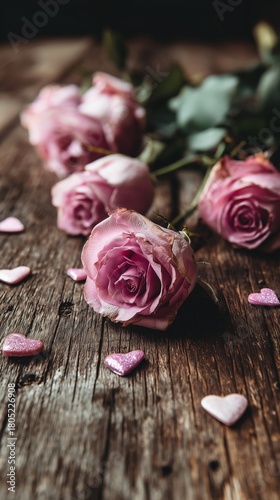 Beautiful Pink Roses With Heart-Shaped Decorations on a Rustic Wooden Surface