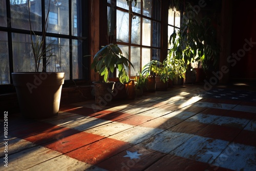 Beautiful Sunlight Streaming Through Windows in a Rustic Room With an America...