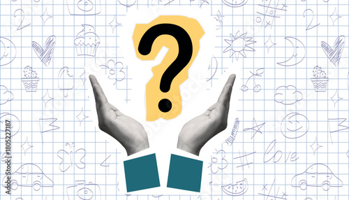 question mark. question. ask. collage with a question mark. ask something. unclear question. doodle style. clarification. answers to questions. vector. people. human hand.