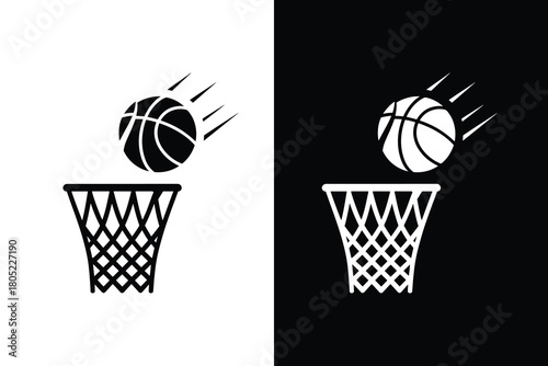 Vector basketball ball flying into the net isolated on white background