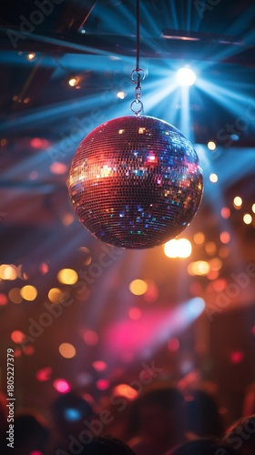 Bright Disco Ball Reflects Colorful Lights at a Lively Dance Party in a Club