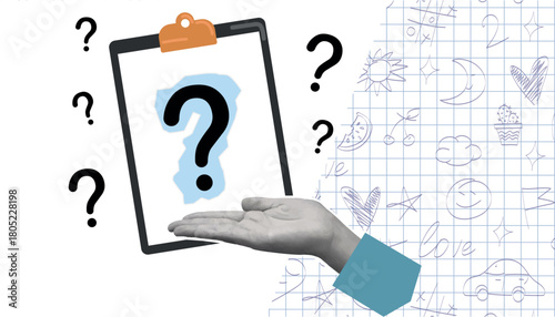 question mark. question. ask. collage with a question mark. ask something. unclear question. doodle style. clarification. answers to questions. vector. people. human hand.