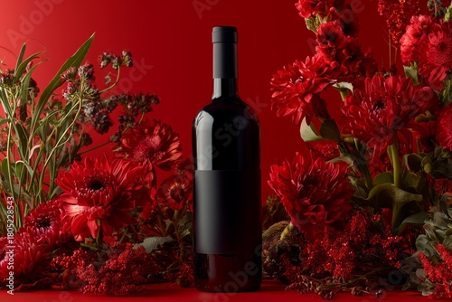 Elegant Red Wine Bottle Surrounded by Vibrant Red Flowers on a Vivid Background